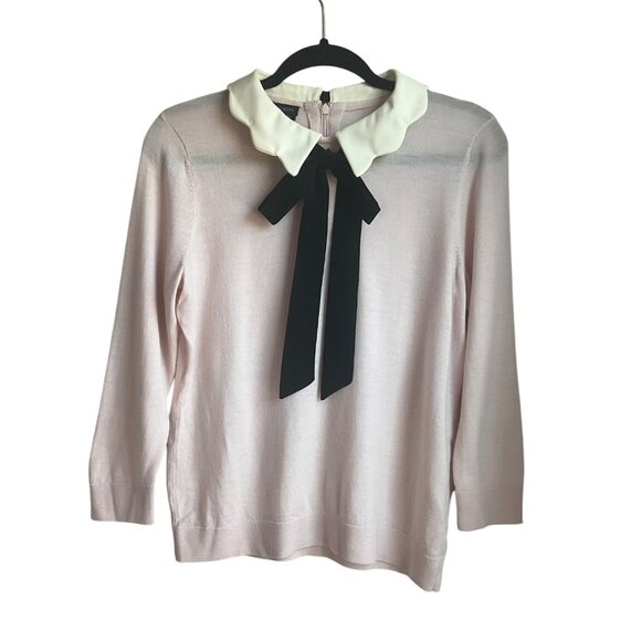 Talbots Pink Sweater Scalloped Peter Pan Collar Bow Merino Wool Old Money Preppy - Picture 8 of 12